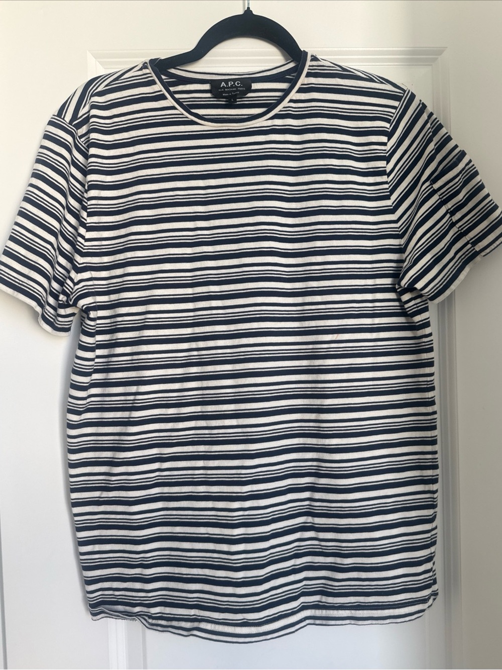 A.P.C. Men’s Rody Stripped Tee T-shirt Navy Blue White Size Large